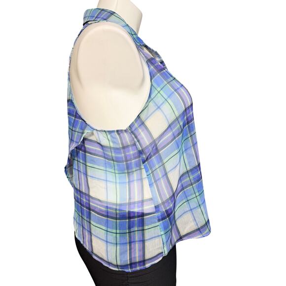 Aeropostale Womens Sheer Button Down Blouse Tank Top Split Back Blue Plaid XL - Picture 2 of 8